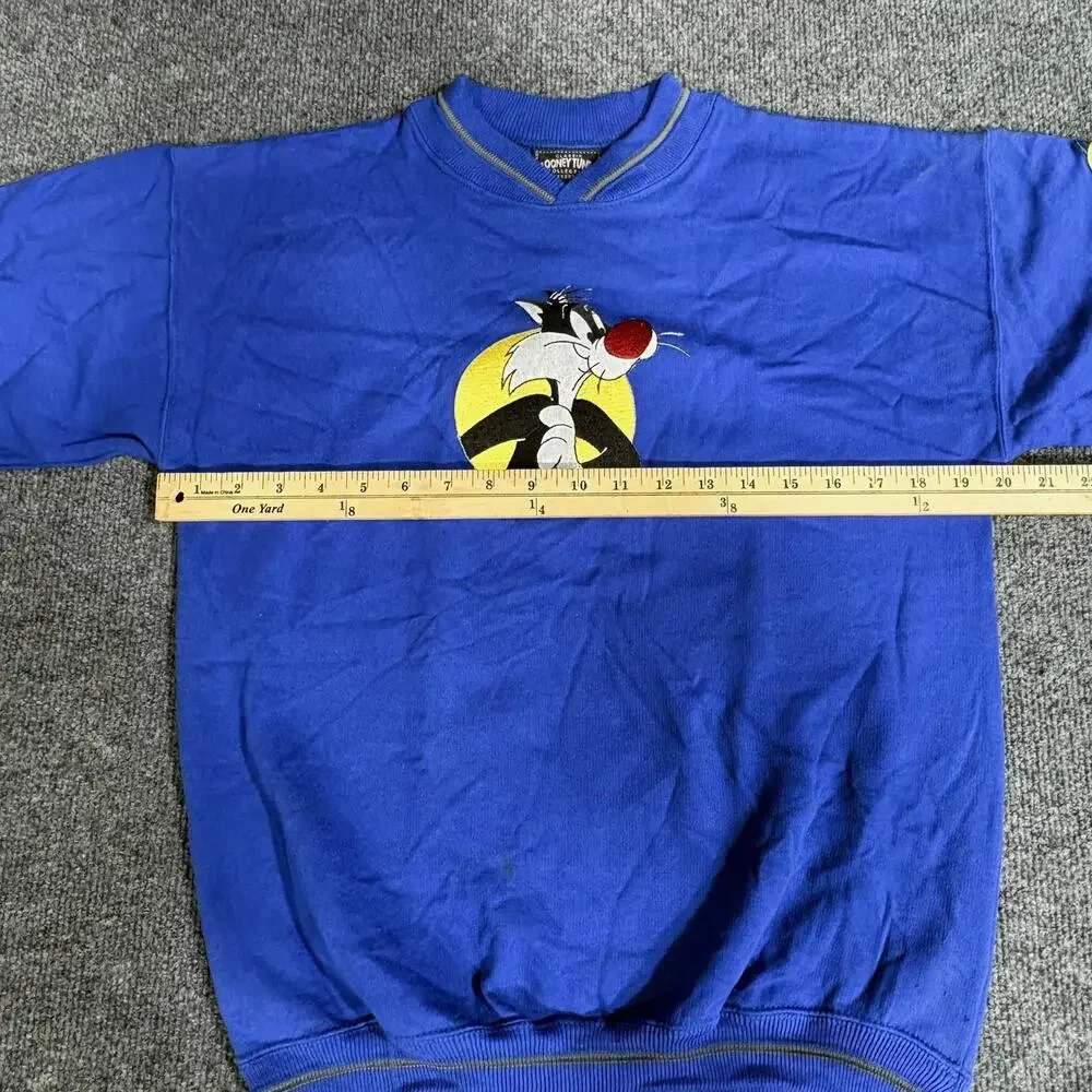 Vintage Looney Tunes Sweatshirt Boys M 10-12 Blue Sylvester Tweety Graphic 90s